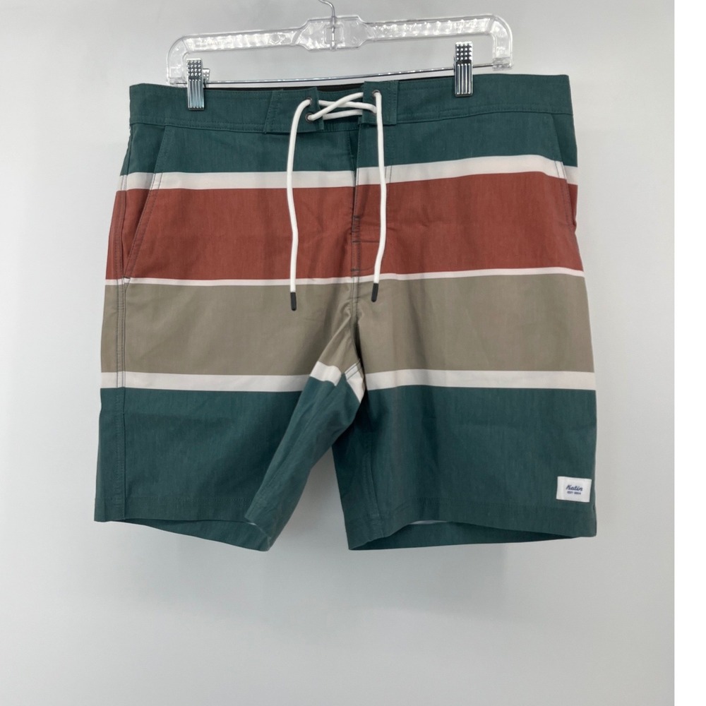 Katin Board Shorts Mens 33 Teal Rust Striped Surf Swim Trunks Lace Up Front